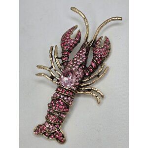 Rhinestone Lobster Brooch  With Gold-Tone Metal & Pink Crystals Statement
